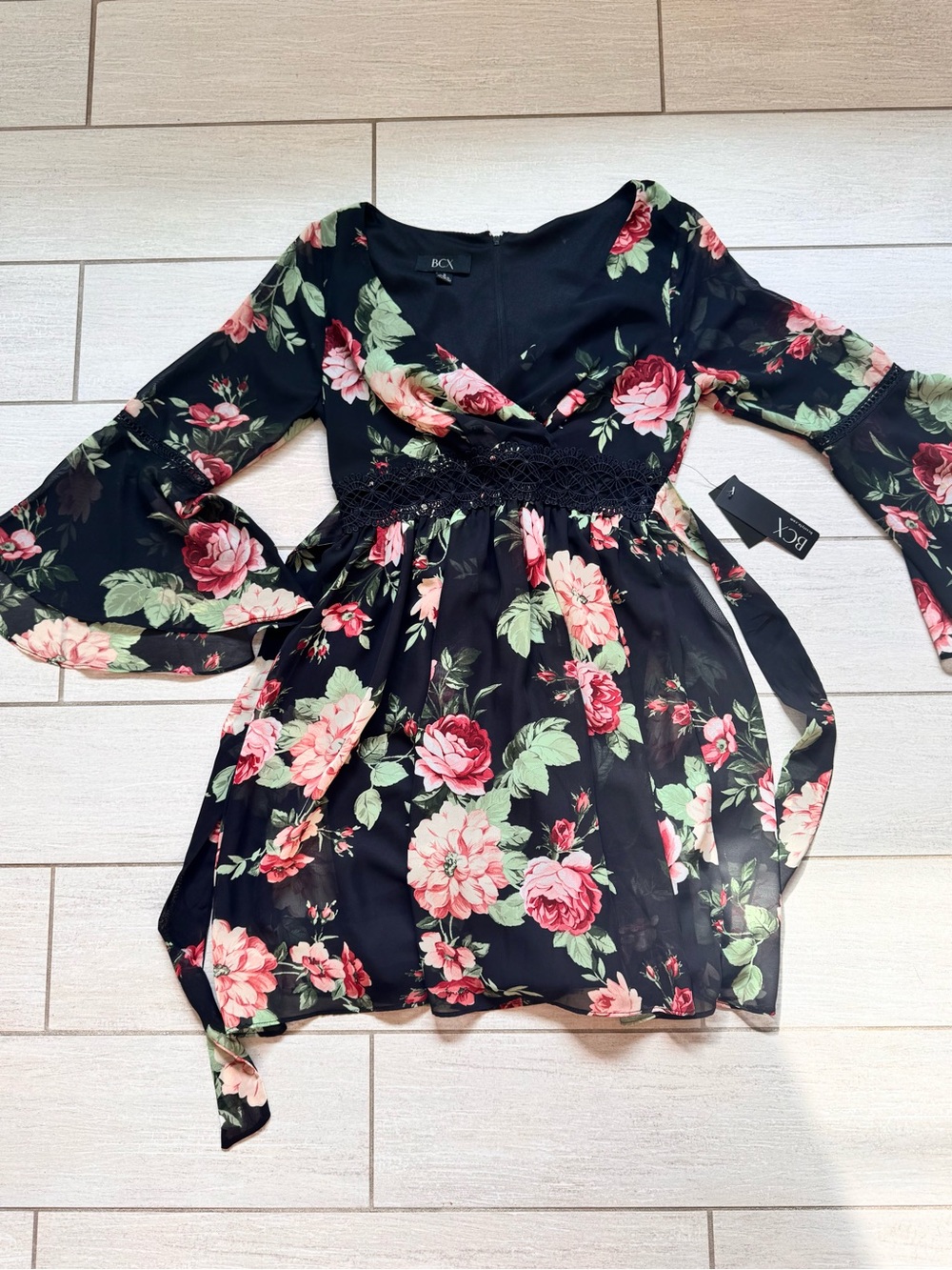 BCX Black Floral Mini Dress with Pink Roses and Green Leaves